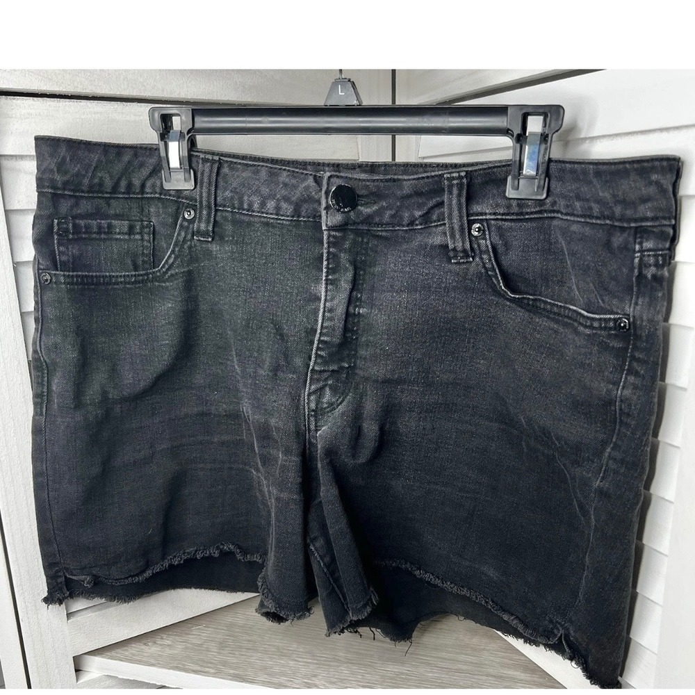 Seven7 Denim Shorts Black Distressed Raw Hem Cut Off Stretch Womens Size 16